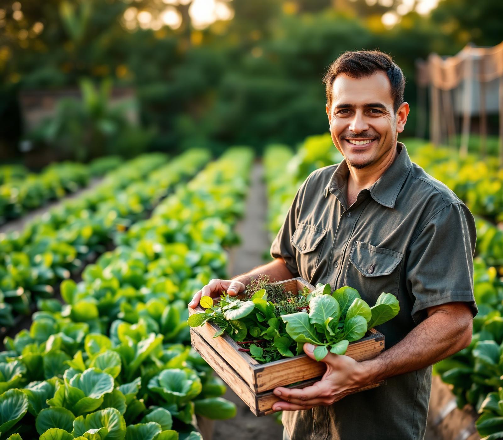 Produtor sorrindo com colheita fresca em sua horta comercial
