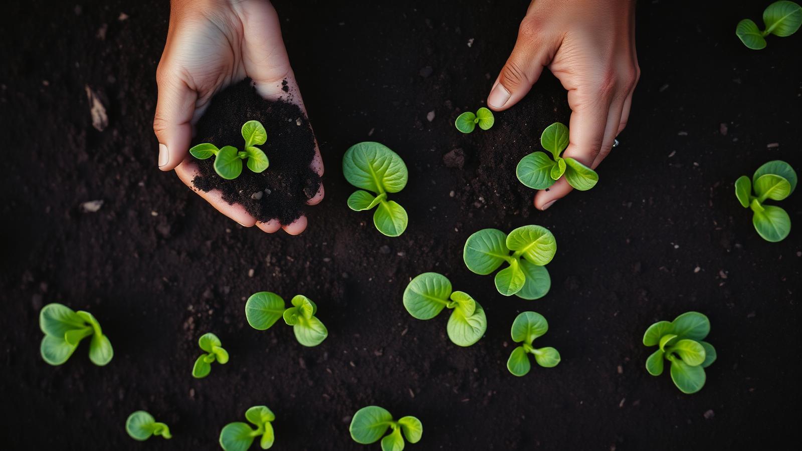 Mãos plantando mudas em solo fértil